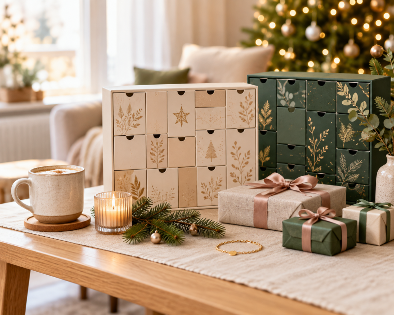 Zwei stilvolle Adventskalender für Erwachsene auf einem festlich dekorierten Tisch mit Kaffee, Kerze und kleinen Geschenken in einer gemütlichen Weihnachtsatmosphäre
