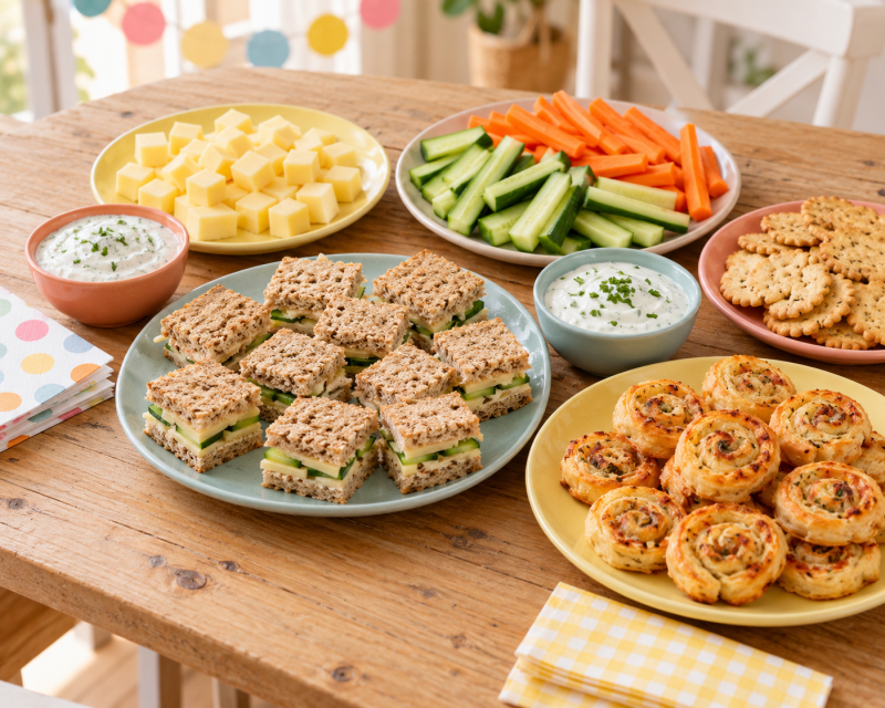 Herzhafter Snacktisch für einen Kindergeburtstag mit Mini-Sandwiches, Käsewürfeln, Gemüse, Crackern und Blätterteigschnecken.