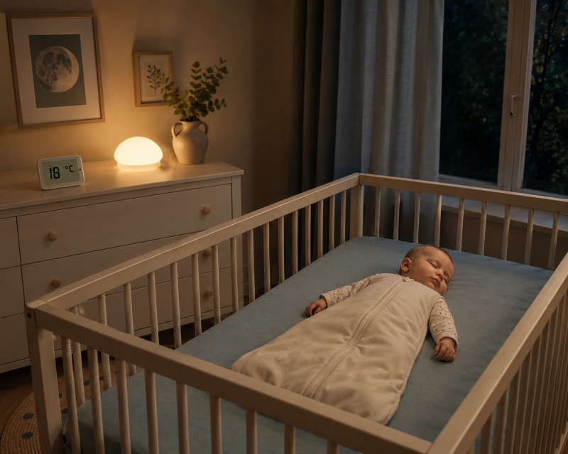 Schlafendes Baby mit unbedeckten Händen und warmem Schlafsack in einem sicheren Babybett.