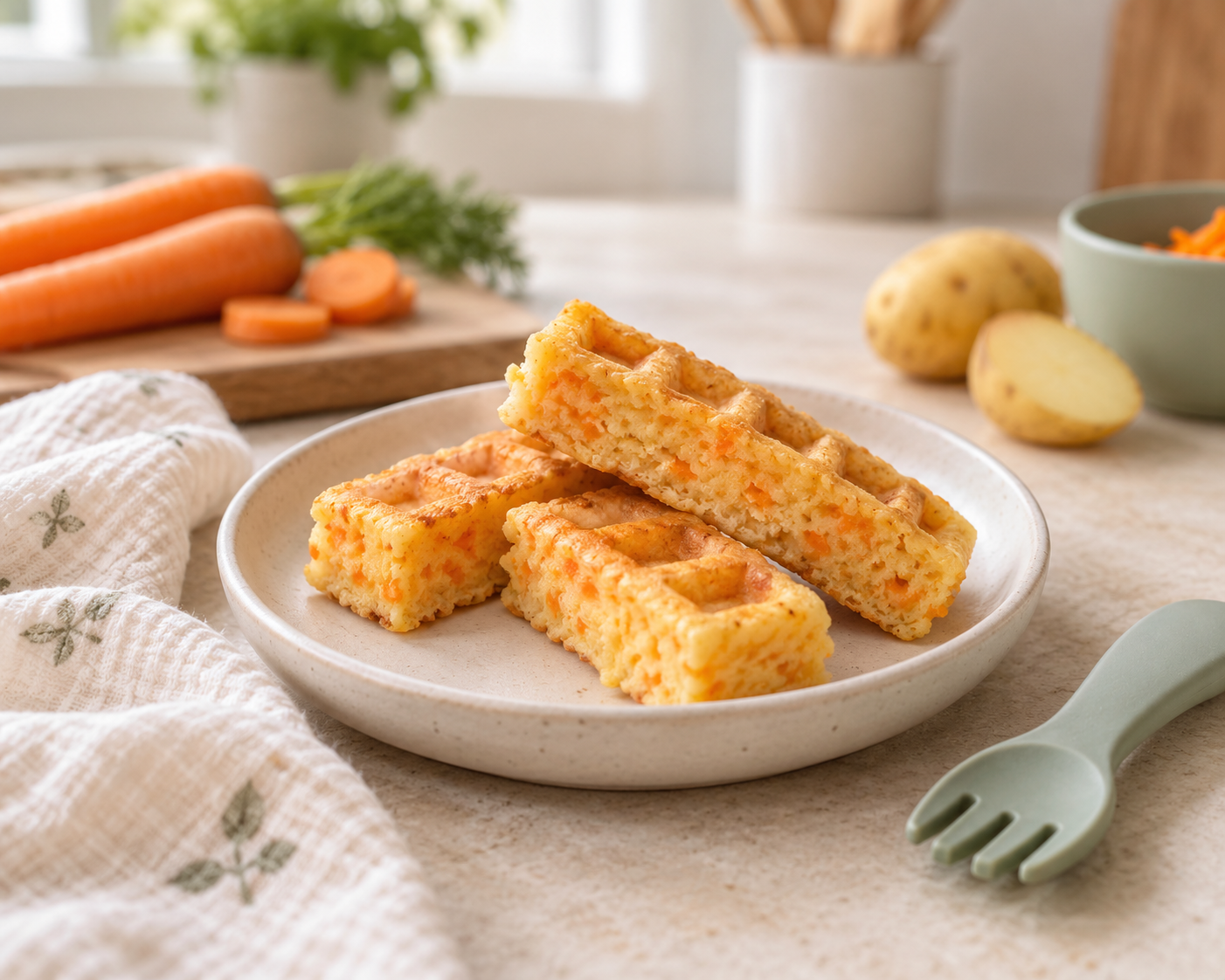 Weiche Möhren-Kartoffel-Waffeln als einfaches Fingerfood für Babys
