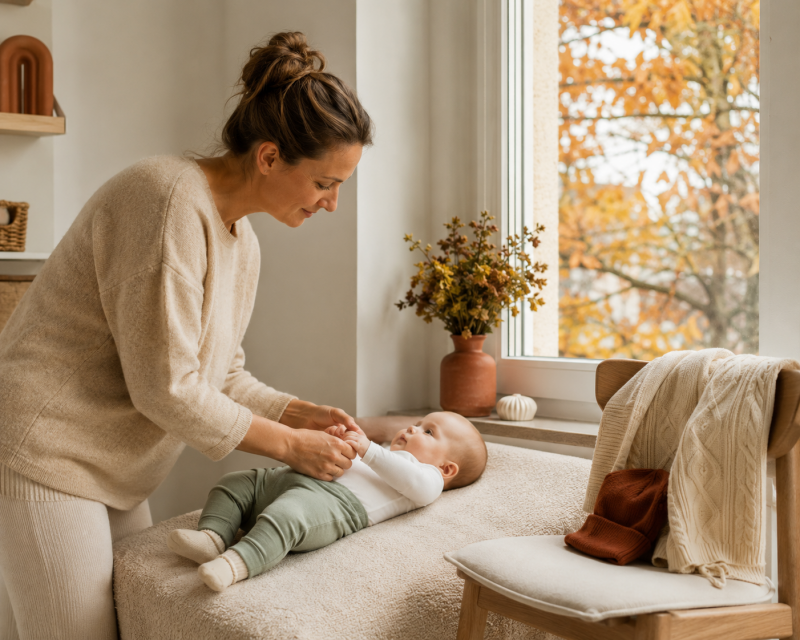Mutter zieht ihrem Baby zu Hause bequeme Babykleidung für einen milden Herbsttag an.