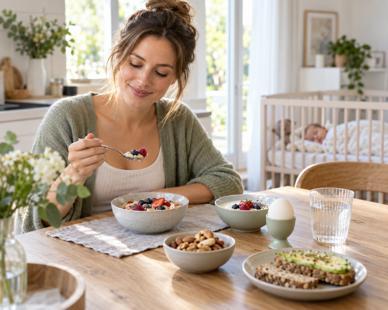 Mama genießt ein nährstoffreiches Frühstück mit Haferflocken, Beeren und Vollkornbrot, während ihr Baby im Hintergrund schläft.