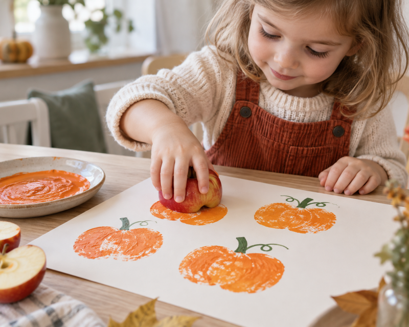 Kleinkind stempelt orangefarbene Kürbisse mit einer Apfelhälfte