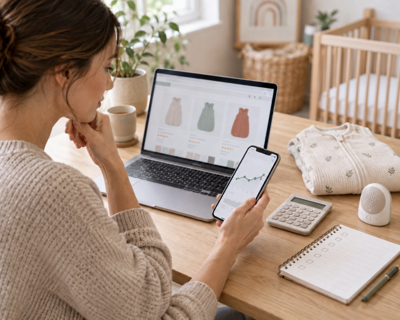 Mutter vergleicht Preise für Babyprodukte vor den Prime Deal Days 2026 am Laptop und Smartphone
