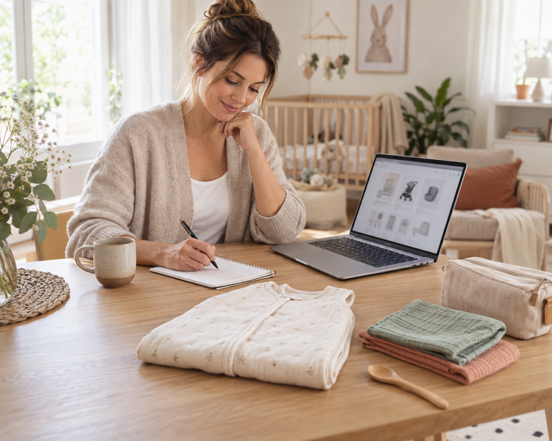 Mutter erstellt am Laptop eine Wunschliste für sinnvolle Babyprodukte zu den Prime Deal Days 2026