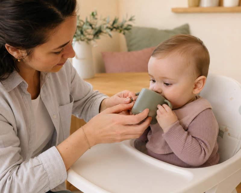 Mama unterstützt ihr Baby beim Trinken von Wasser zur Beikost