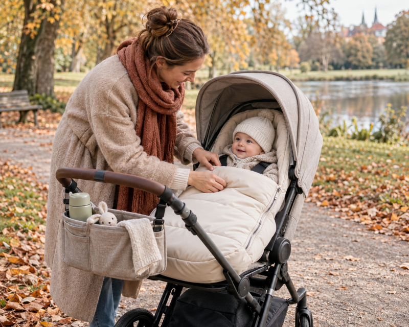 Mutter richtet einen warmen Fußsack im Kinderwagen für einen Herbstspaziergang mit ihrem Baby