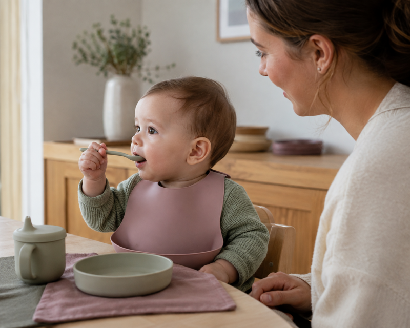 Beikostreifes Baby führt einen weichen Löffel selbstständig zum Mund