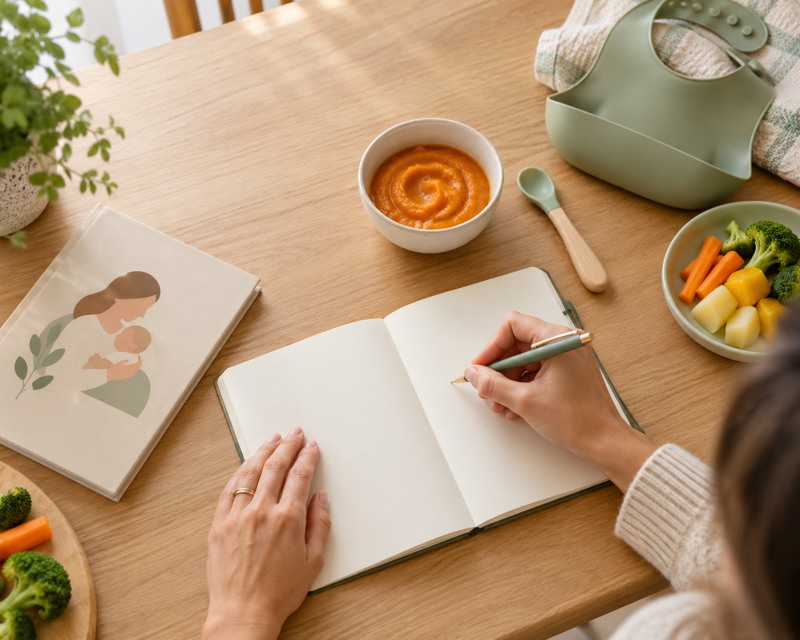 Mama plant den Beikoststart mit Notizbuch, Babybrei, weichem Gemüse und Lätzchen auf einem hellen Holztisch.