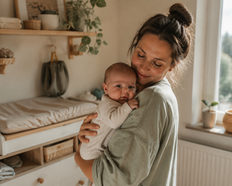 Mutter beruhigt ihr fertig angezogenes Baby nach dem Umziehen auf dem Arm