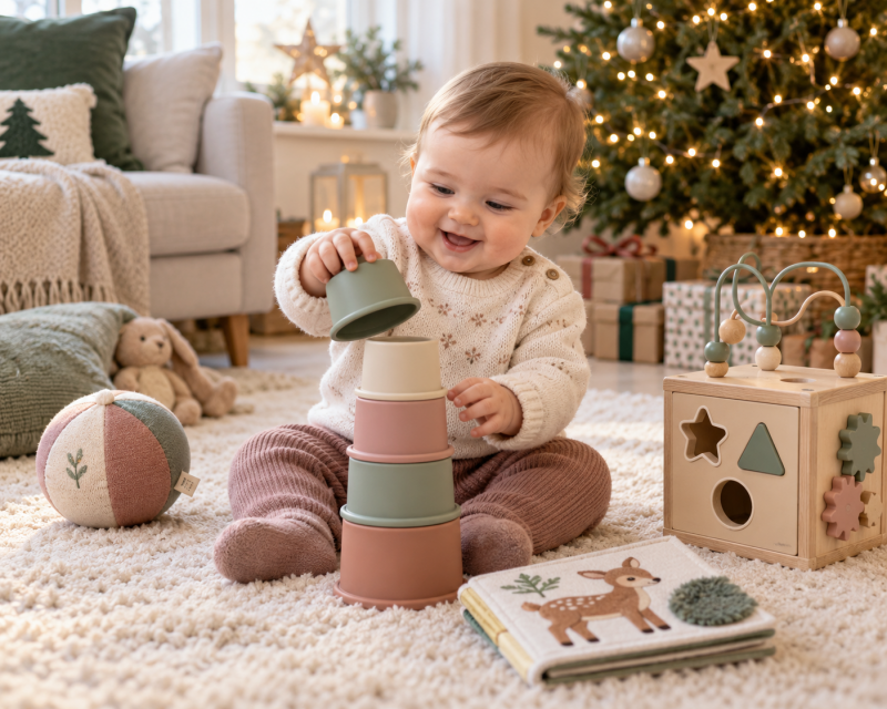 Baby spielt an Weihnachten mit Stapelbechern, einem Motorikwürfel, einem Stoffbuch und einem weichen Ball.