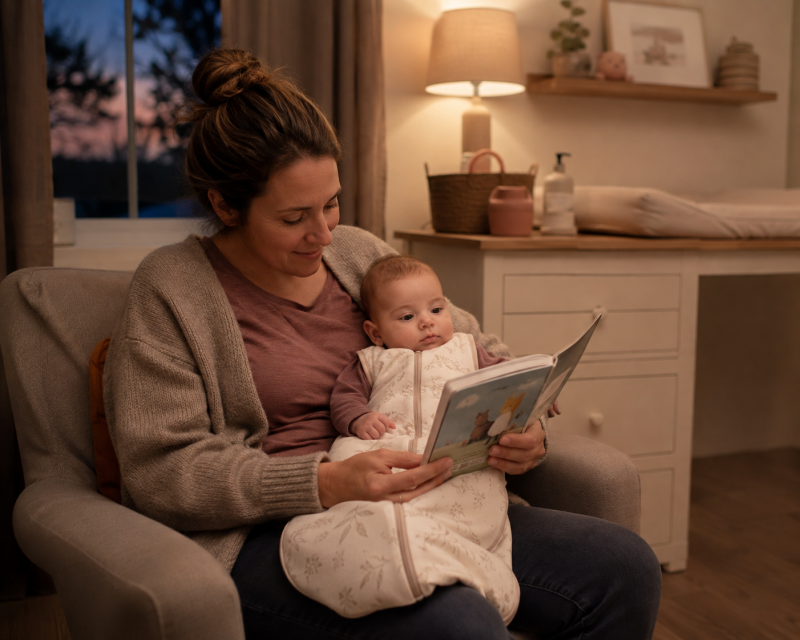 Mama liest ihrem Baby während der ruhigen Abendroutine ein Bilderbuch vor