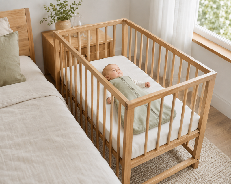 Baby schläft in Rückenlage im Schlafsack in einem freien Babybett neben dem Elternbett