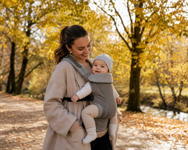 Mutter trägt ihr Baby in dünnen Kleidungsschichten und mit leichter Mütze in einer Babytrage durch den herbstlichen Park.