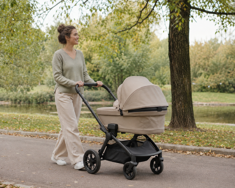 Übersichtlich organisierter Wickelplatz mit Windeln, Pflegeprodukten und Babykleidung