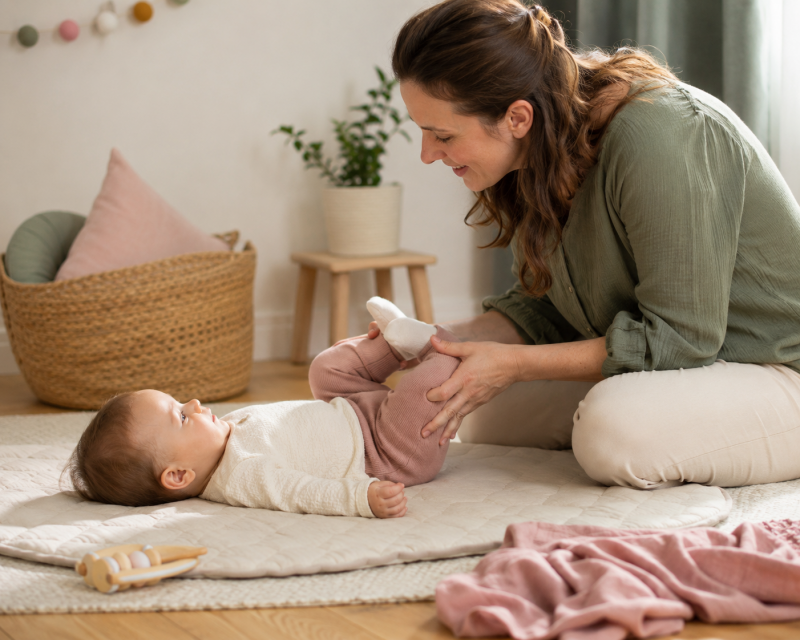 Mama bewegt die Beine ihres Babys sanft zur Unterstützung der Verdauung