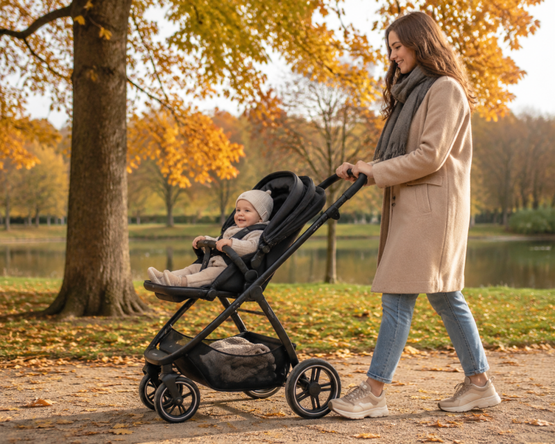 Mutter schiebt ihr passend gekleidetes Baby an einem milden Herbsttag im Kinderwagen durch den Park