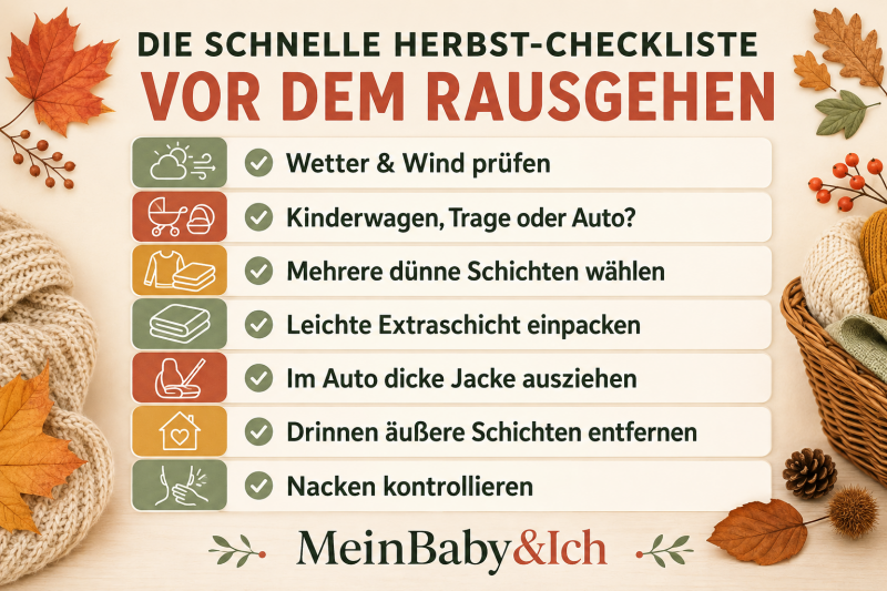 Herbst-Checkliste für Babykleidung mit Tipps zu Wetter, Zwiebellook, Kinderwagen, Babytrage, Auto und Nackencheck.