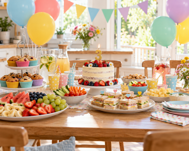Bunter Geburtstagstisch zum dritten Geburtstag mit Beerentorte, Muffins, Obst, Mini-Sandwiches und Getränken.