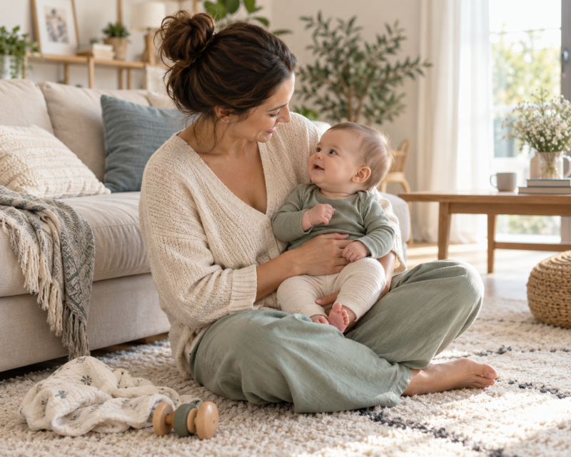 „Mama genießt einen ruhigen Alltagsmoment mit ihrem Baby im Wohnzimmer“