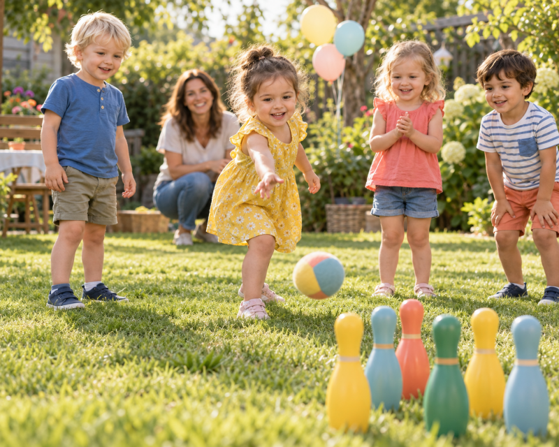 Vier kleine Kinder spielen bei einer Kindergeburtstagsfeier im Garten mit weichen Bällen und bunten Kegeln.