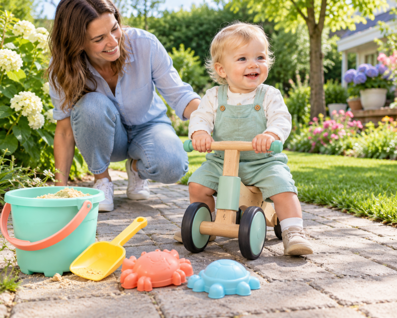 Kleinkind fährt in Begleitung eines Erwachsenen auf einem Rutschfahrzeug im Garten, daneben steht buntes Sandspielzeug.