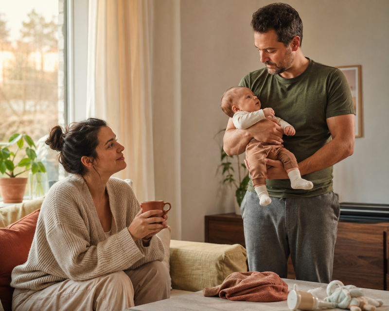 Vater übernimmt das Baby, während die erschöpfte Mutter eine kurze Pause macht