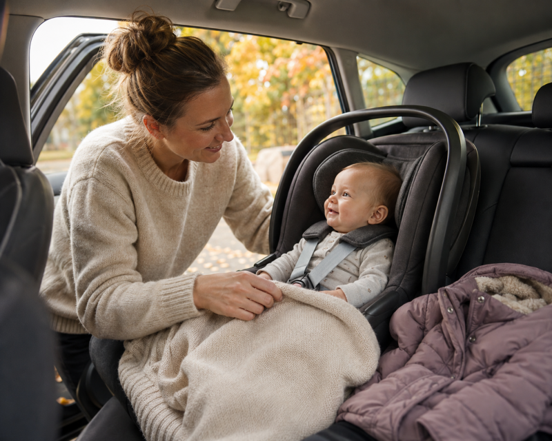 Baby sitzt ohne dicke Jacke sicher angeschnallt im Kindersitz und wird mit einer leichten Decke zugedeckt