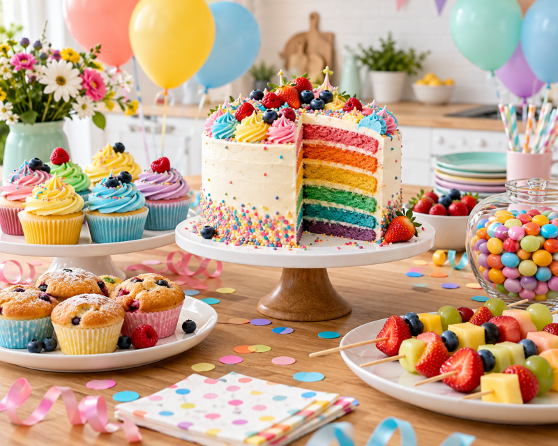 Bunter Geburtstagstisch mit Regenbogentorte, Cupcakes, Muffins, Obstspießen, Ballons und Konfetti.