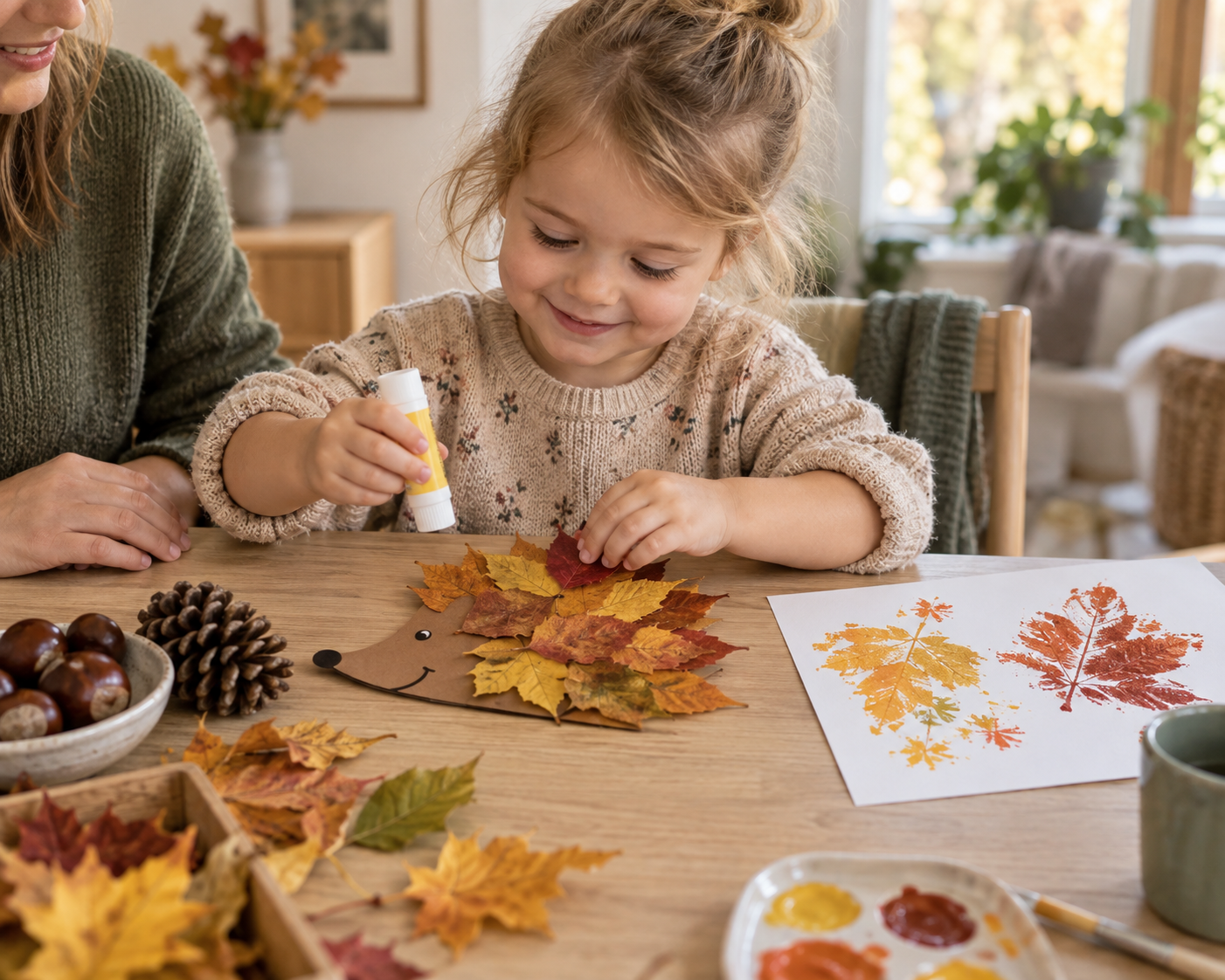 Kleinkind klebt bunte Herbstblätter auf einen selbst gebastelten Igel