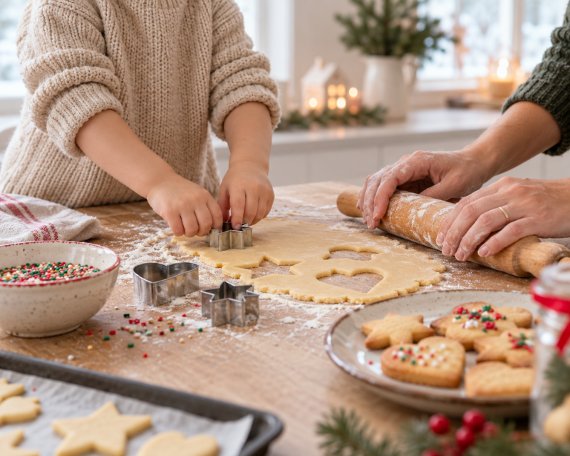 Kleinkind sticht gemeinsam mit einem Erwachsenen in einer hellen Küche Weihnachtsplätzchen aus.