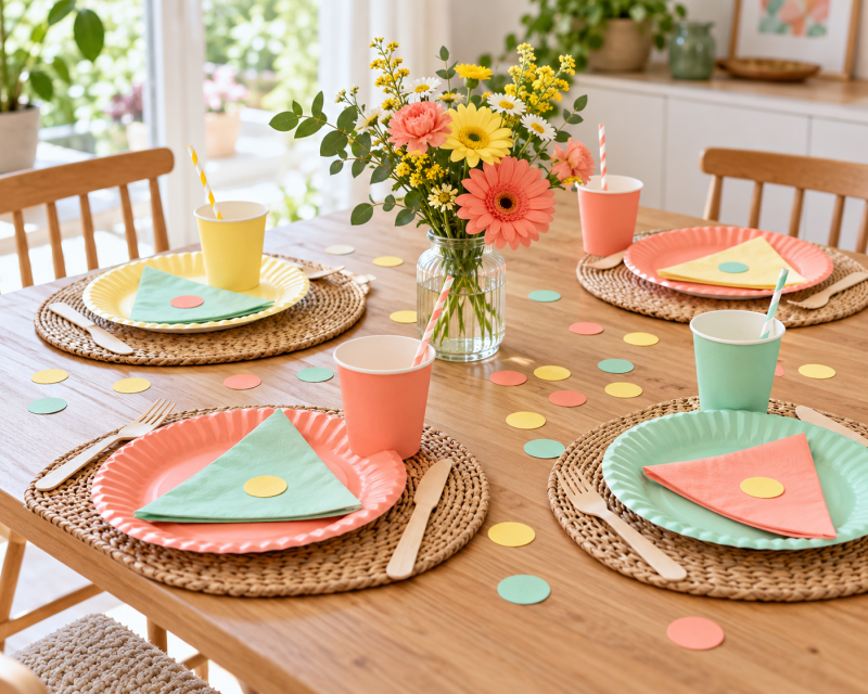 Festlich dekorierter Geburtstagstisch mit pastellfarbenen Tellern, Bechern, Servietten und einer kleinen Blumenvase.