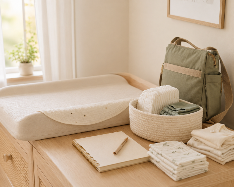 Übersichtlich organisierter Wickelplatz mit Windeln, Pflegeprodukten und Babykleidung
