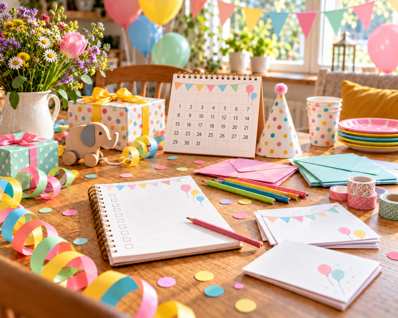 Kalender zur Kindergeburtstagsplanung mit Checkliste, Einladungskarten, Luftballons, Geschenken und bunter Partydekoration auf einem Holztisch.