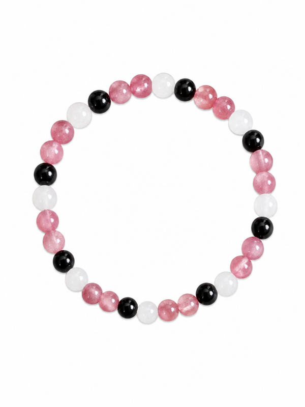 Bracelet triple action Quartz fraise, Onyx, Pierre de lune