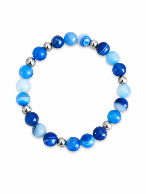 Bracelet Agate bleue rayée + perle acier inoxydable