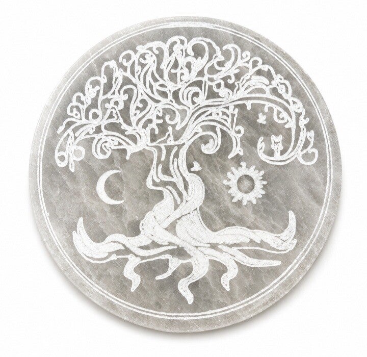 Plaque de rechargement Sélénite Arbre de vie Lune et Soleil