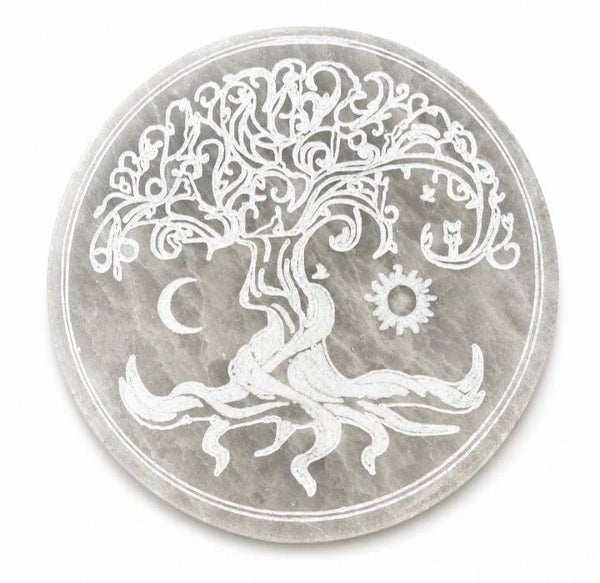 Plaque de rechargement Sélénite Arbre de vie Lune et Soleil