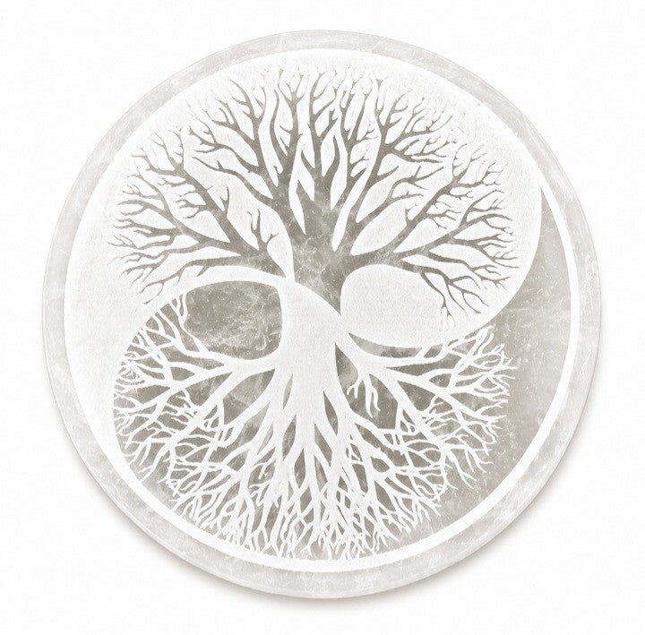 Plaque de rechargement Sélénite Yin Yang Arbre de vie