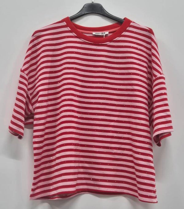 Streep t-shirt met strass rood/roze (36-42)
