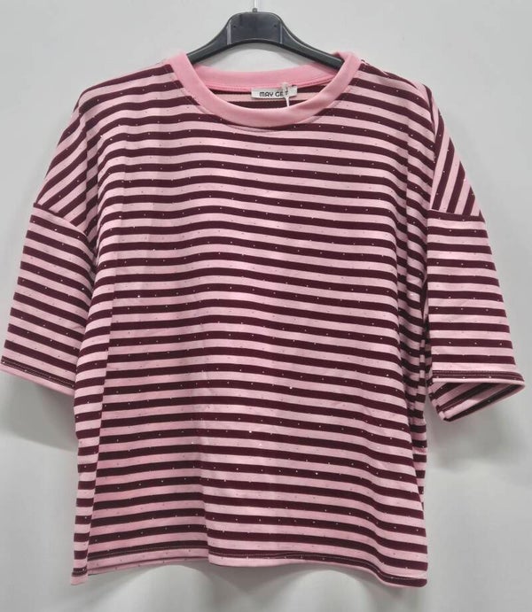 Streep t-shirt met strass roze/bordeaux (36-42)