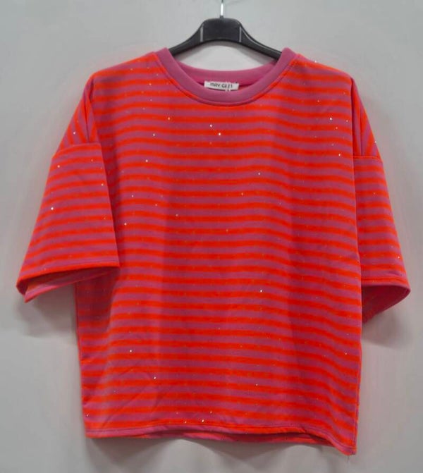 Streep t-shirt met strass roze/oranje (36-42)