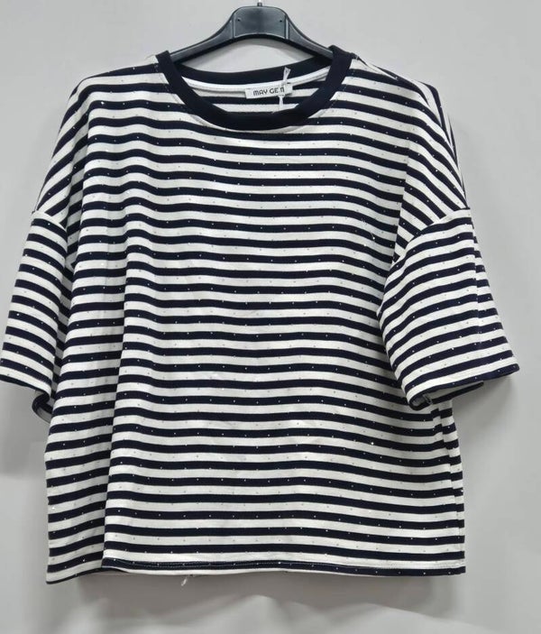 Streep t-shirt met strass blauw/wit (36-42)