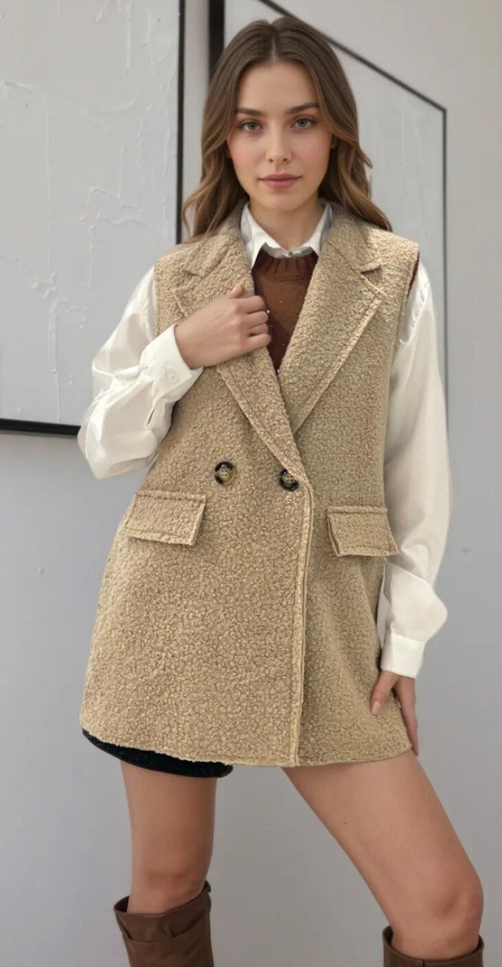 Teddy gilet lang beige (36-42)