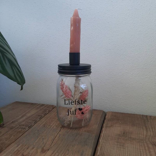 Kaarsen potje - juf met droogbloemen