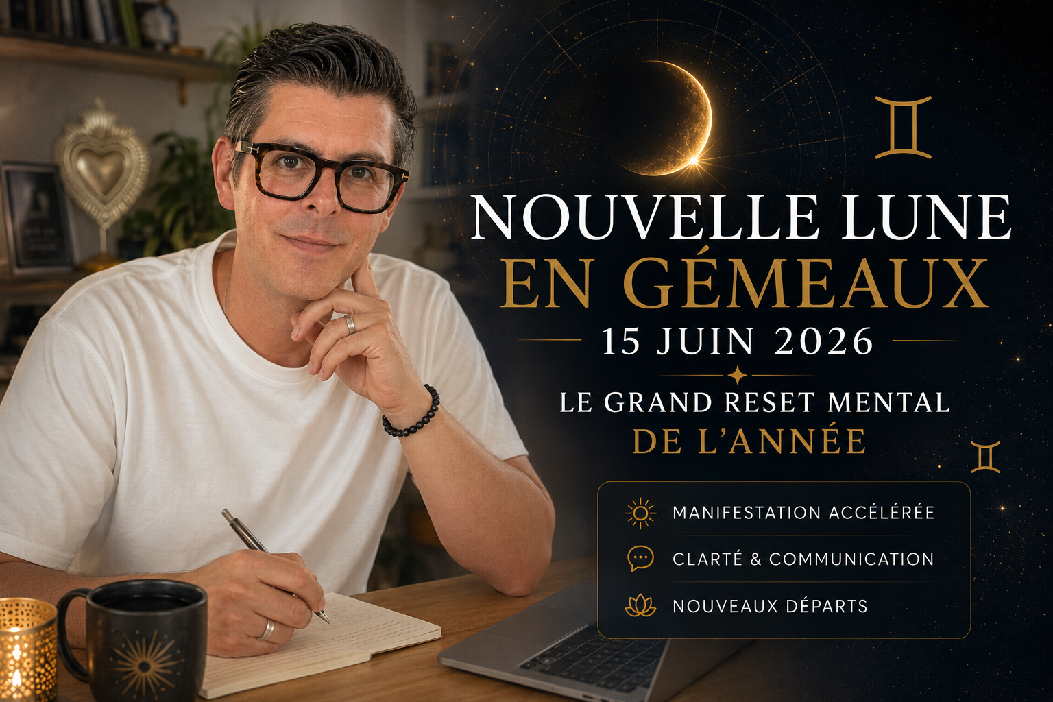 Illustration astrologique de la Nouvelle Lune en Gémeaux du 14 juin 2026 mettant en valeur les énergies de manifestation, de clarté mentale et de renouveau cosmique.