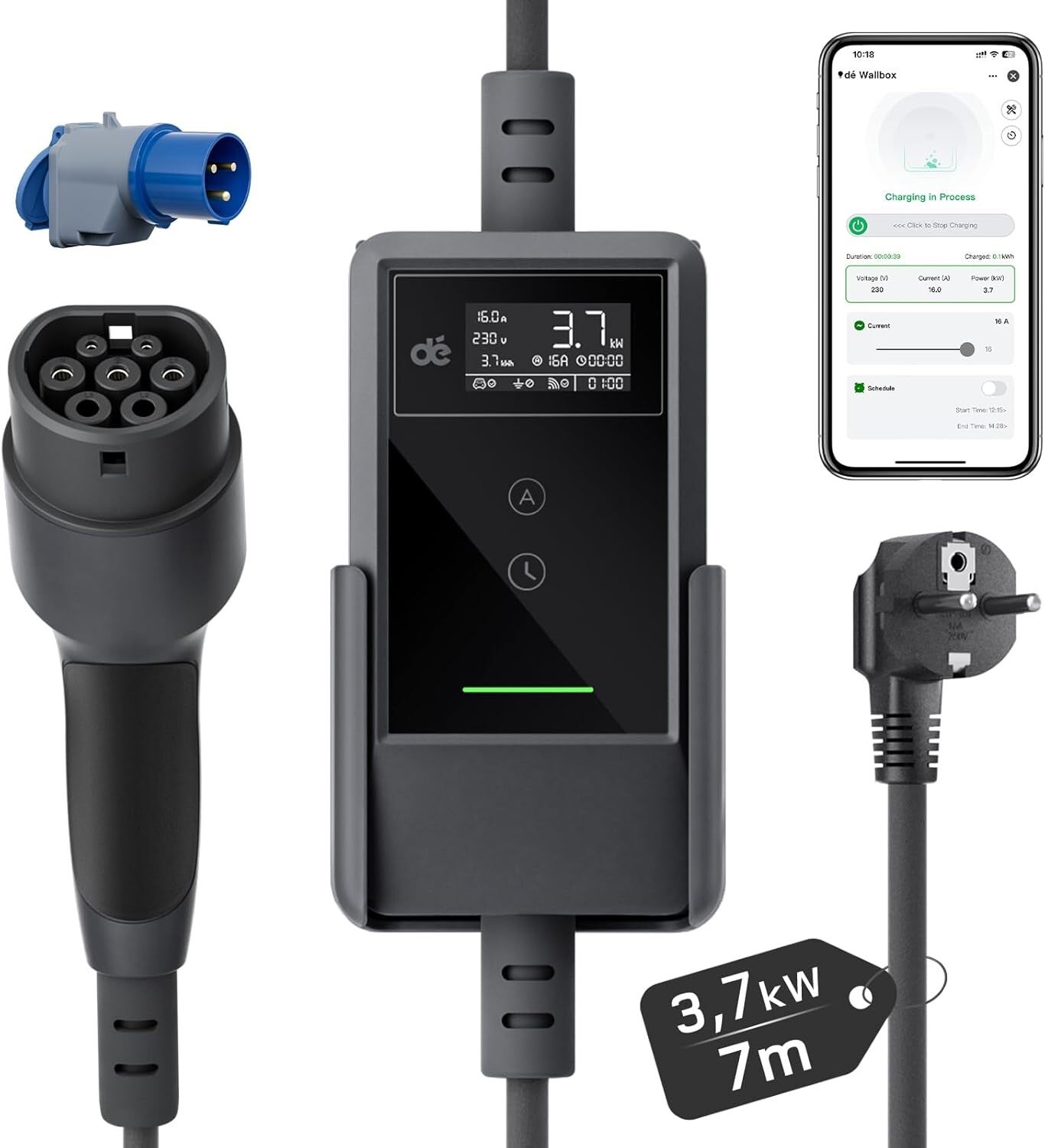 dé Chargeur Voiture Electrique 3,7kW v2– Type 2, idéal maison et voyage