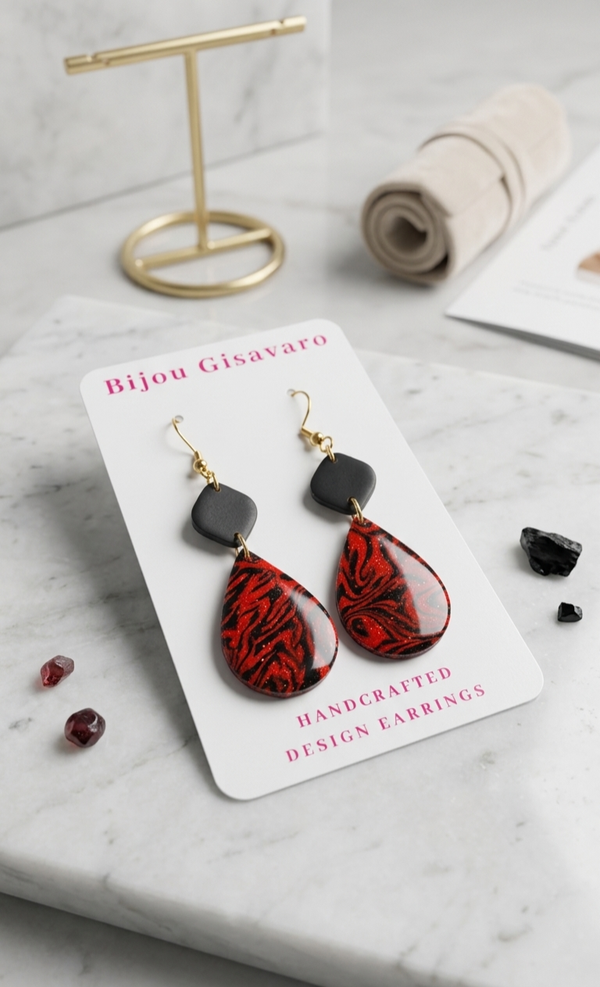 Statement oorbellen rood zwart met glitter
