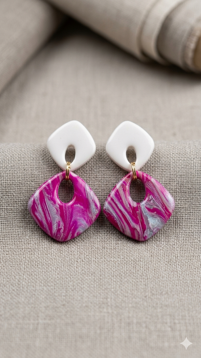 Statement oorbellen fuchsia marmer wit