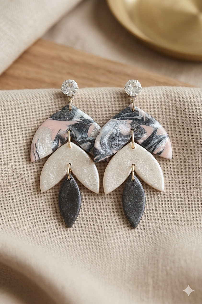 Statement oorbellen zwart beige marmer